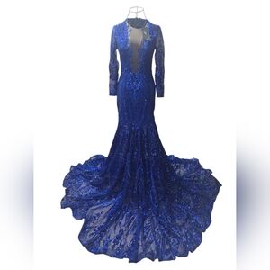 Luxury Sequin Long Sleeves Blue Prom Dress